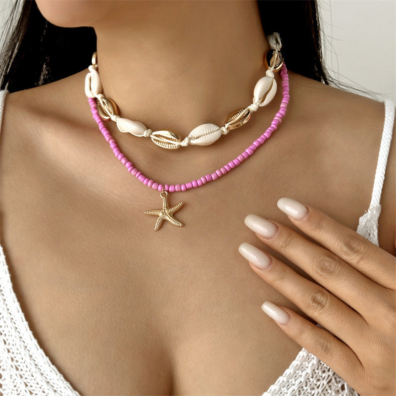 Bohemian Rice Beads Starfish Pendant Necklace for Women Handmade Imitation Pearl Colorful Beaded Choker Summer Beach Jewelry