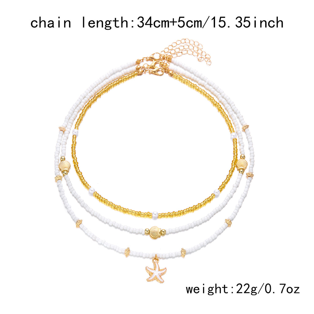 Bohemian Rice Beads Starfish Pendant Necklace for Women Handmade Imitation Pearl Colorful Beaded Choker Summer Beach Jewelry