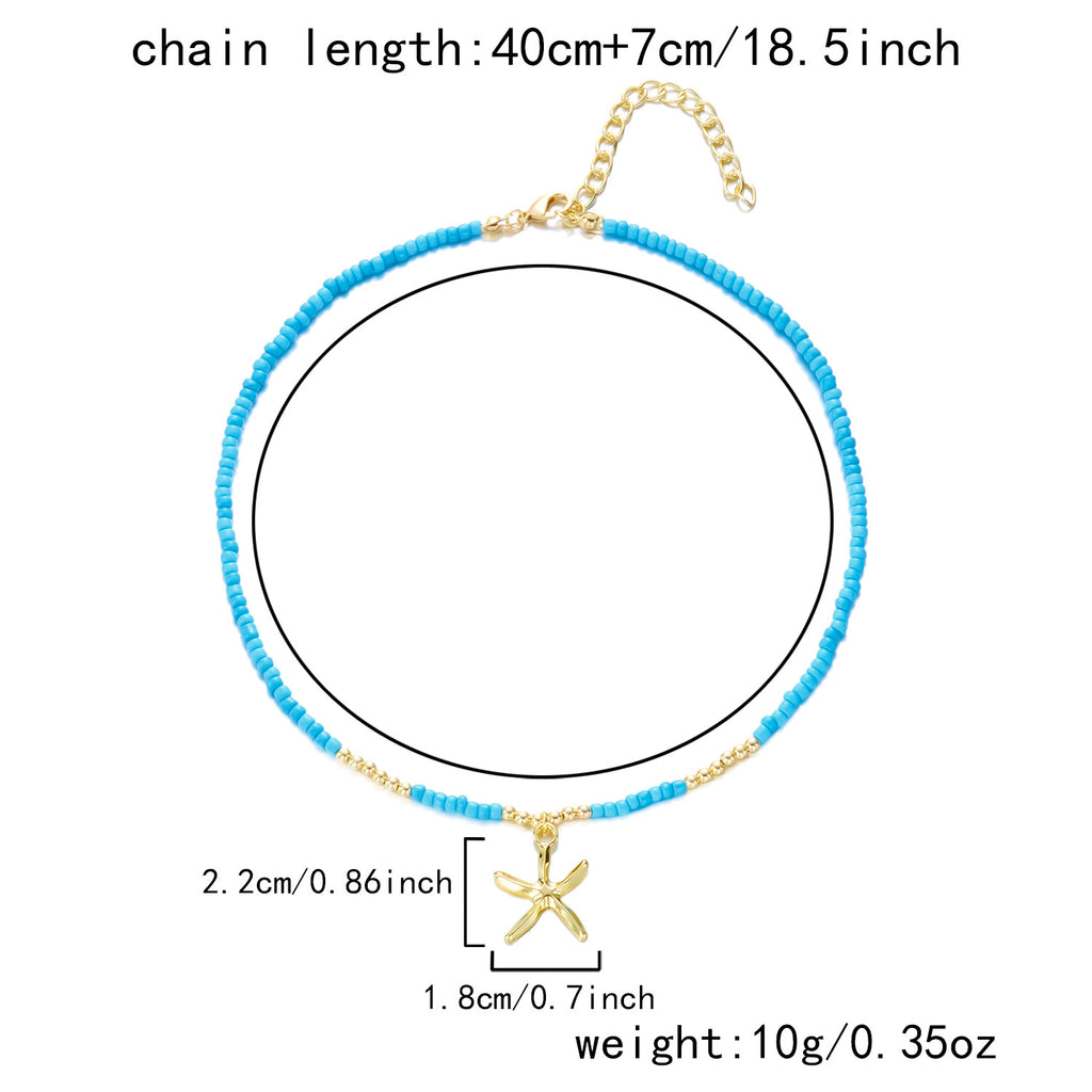 Bohemian Rice Beads Starfish Pendant Necklace for Women Handmade Imitation Pearl Colorful Beaded Choker Summer Beach Jewelry