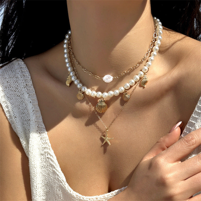 Bohemian Rice Beads Starfish Pendant Necklace for Women Handmade Imitation Pearl Colorful Beaded Choker Summer Beach Jewelry