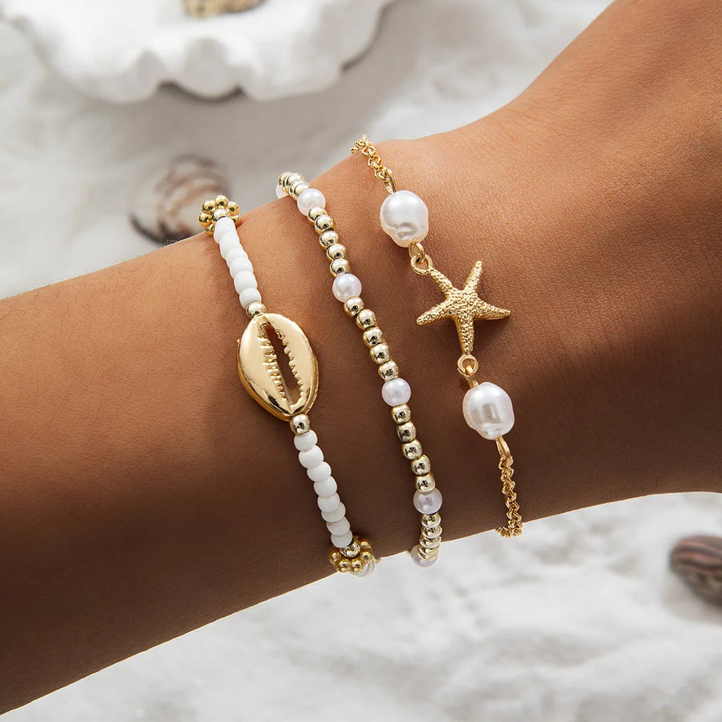 3Pcs Women's Bohemia Shell Bracelet Set Summer Starfish Charm Pearl Seed Beads Beach Jewelry with Lobster-Claw Clasps