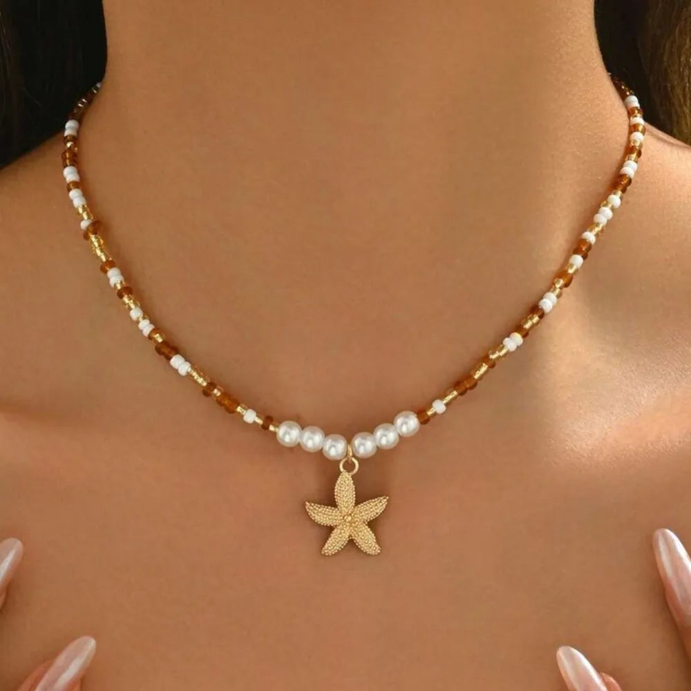 Bohemian Rice Beads Starfish Pendant Necklace for Women Handmade Imitation Pearl Colorful Beaded Choker Summer Beach Jewelry