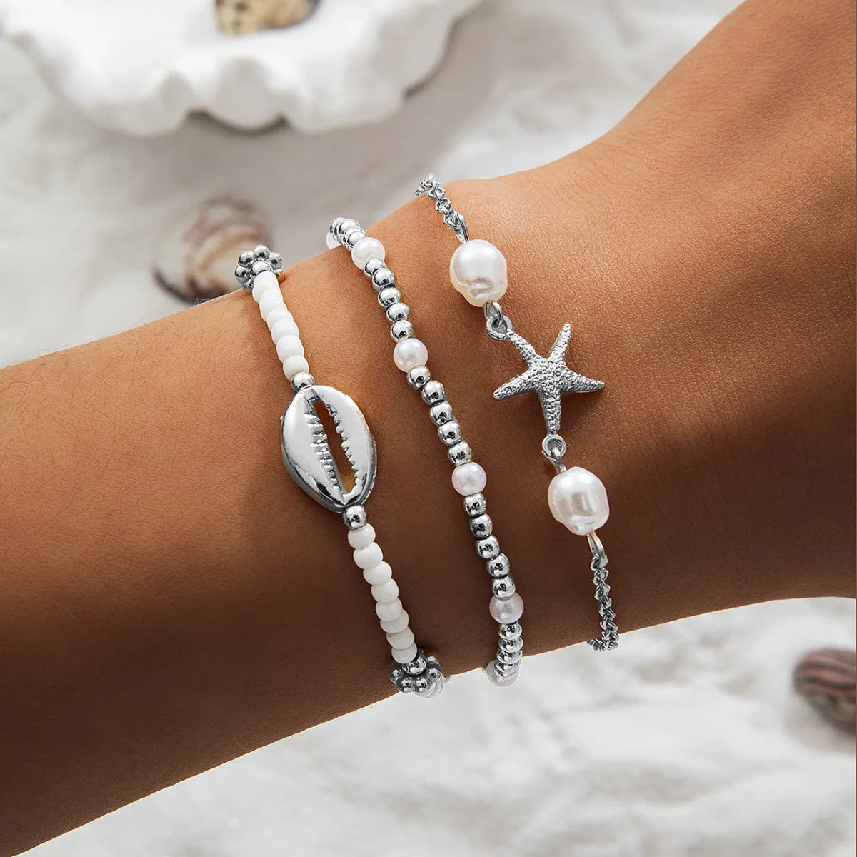 3Pcs Women's Bohemia Shell Bracelet Set Summer Starfish Charm Pearl Seed Beads Beach Jewelry with Lobster-Claw Clasps