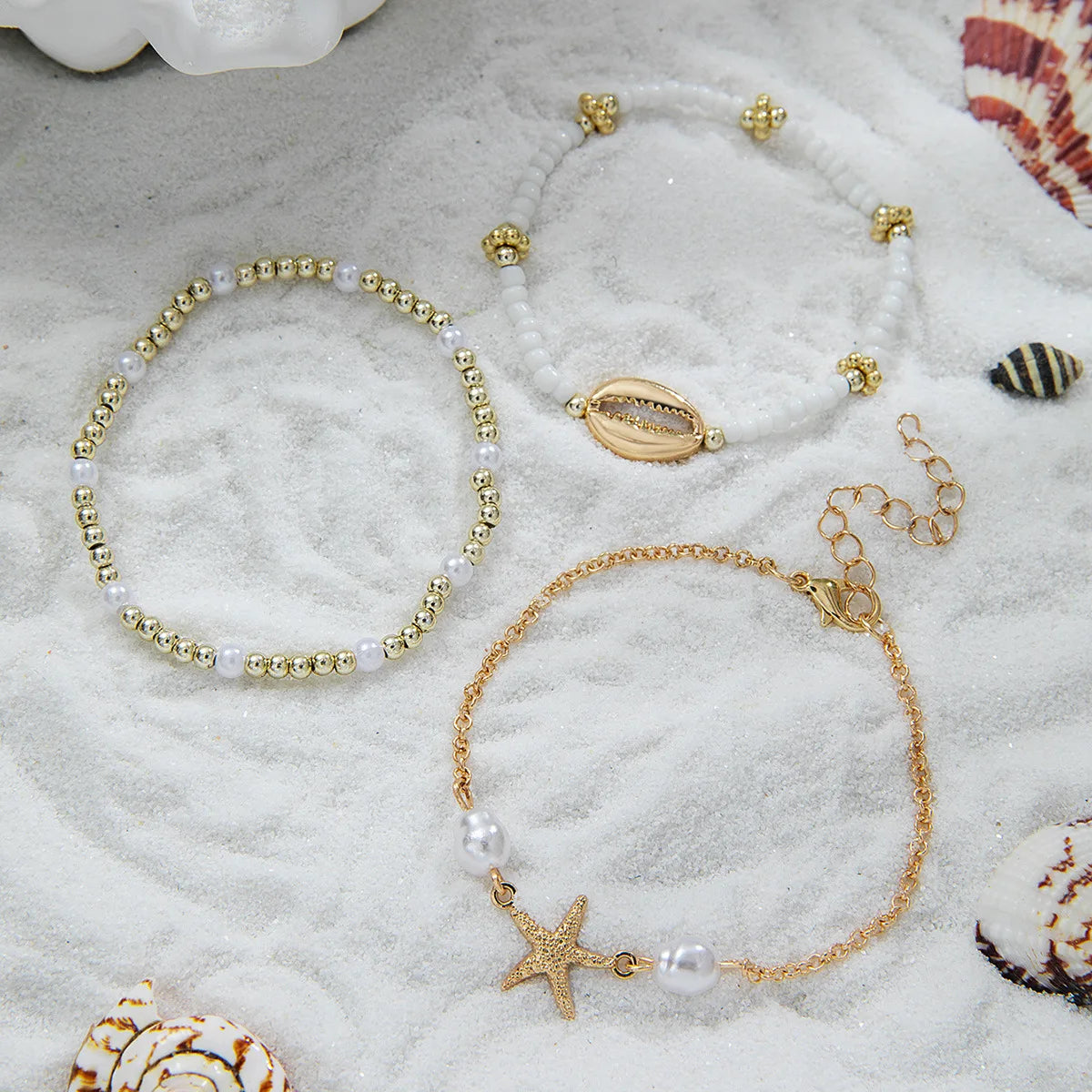 3Pcs Women's Bohemia Shell Bracelet Set Summer Starfish Charm Pearl Seed Beads Beach Jewelry with Lobster-Claw Clasps
