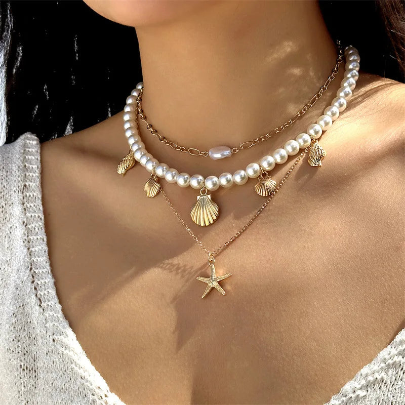 Bohemian Rice Beads Starfish Pendant Necklace for Women Handmade Imitation Pearl Colorful Beaded Choker Summer Beach Jewelry