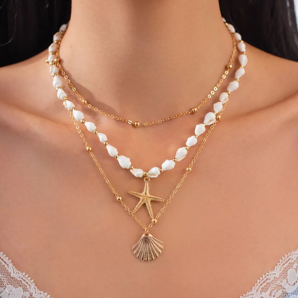 Bohemian Rice Beads Starfish Pendant Necklace for Women Handmade Imitation Pearl Colorful Beaded Choker Summer Beach Jewelry