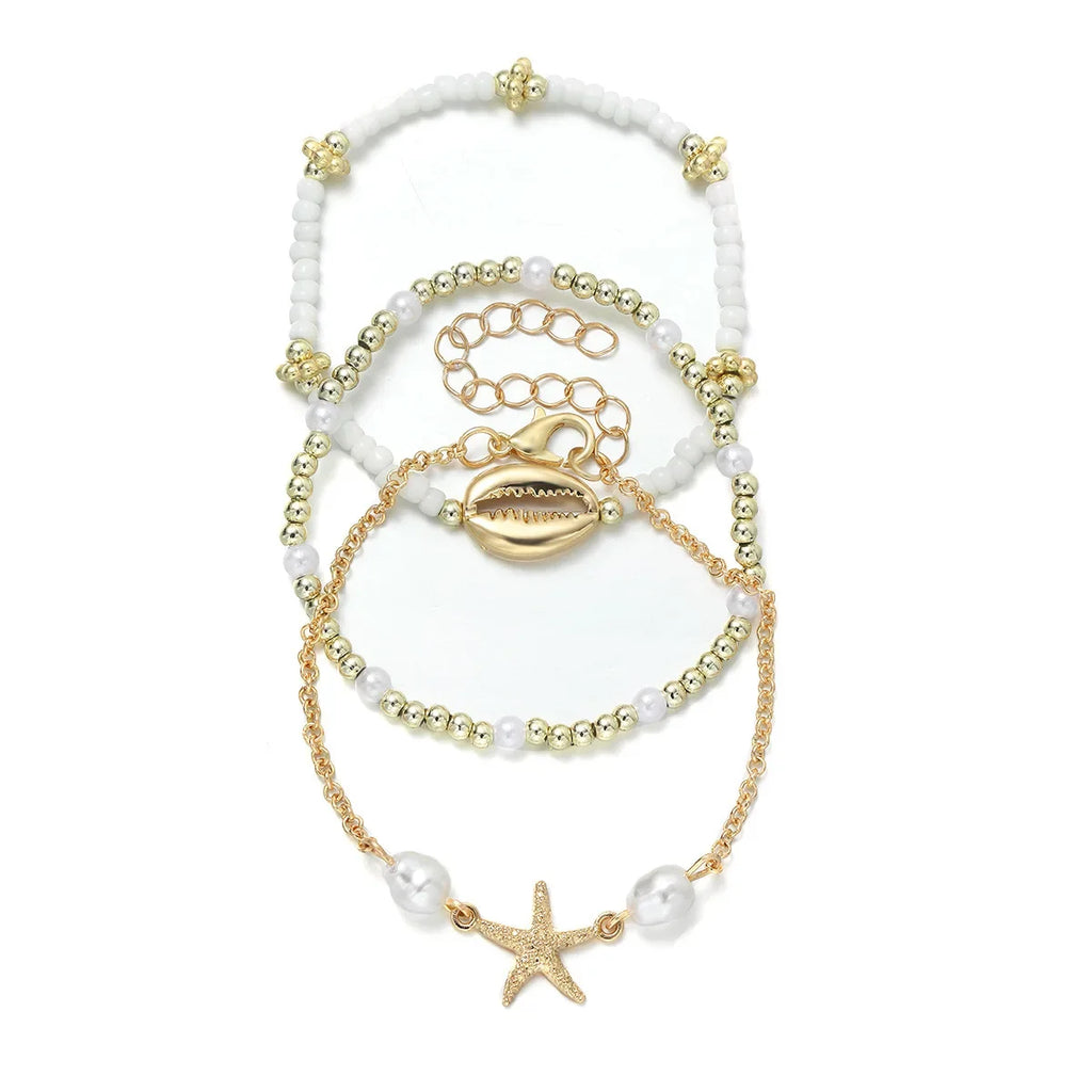 3Pcs Women's Bohemia Shell Bracelet Set Summer Starfish Charm Pearl Seed Beads Beach Jewelry with Lobster-Claw Clasps