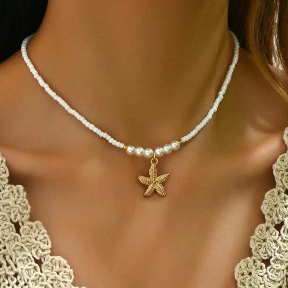 Bohemian Rice Beads Starfish Pendant Necklace for Women Handmade Imitation Pearl Colorful Beaded Choker Summer Beach Jewelry