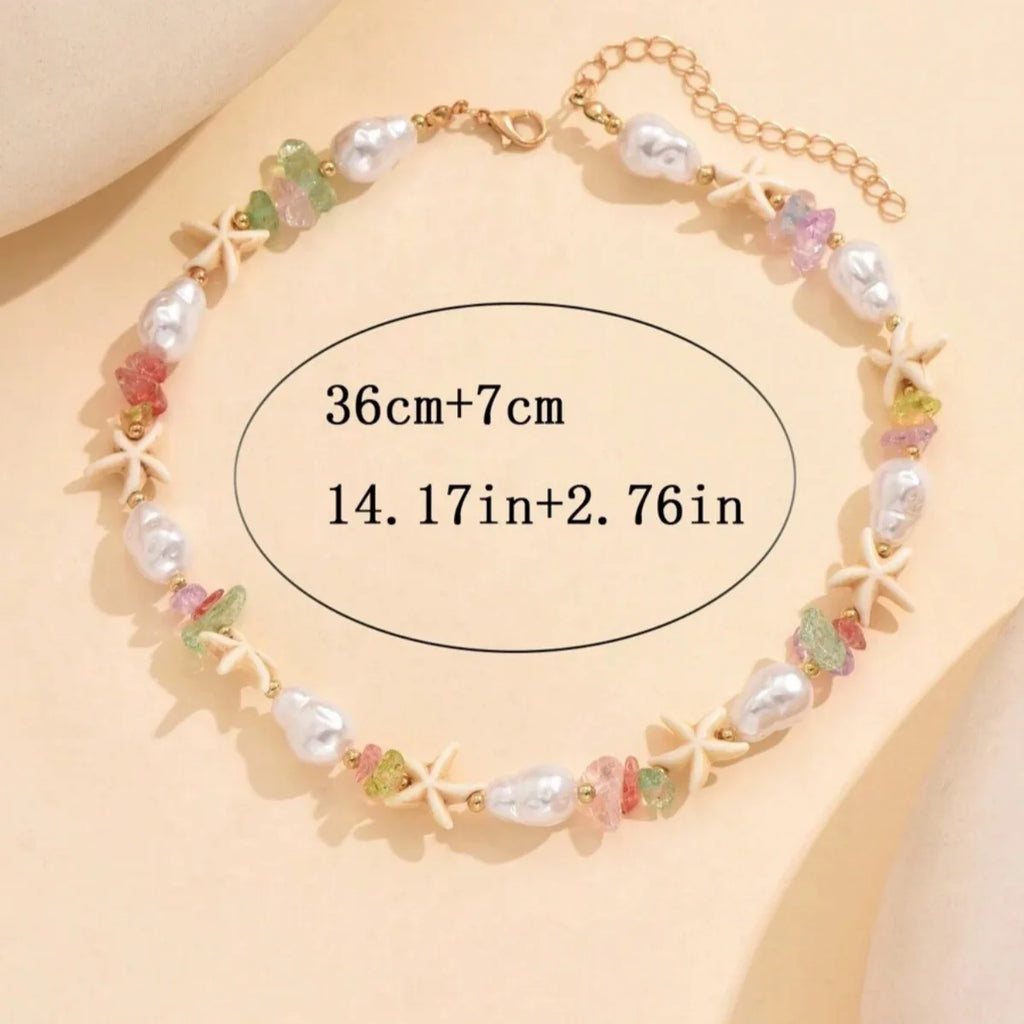 Bohemian Rice Beads Starfish Pendant Necklace for Women Handmade Imitation Pearl Colorful Beaded Choker Summer Beach Jewelry