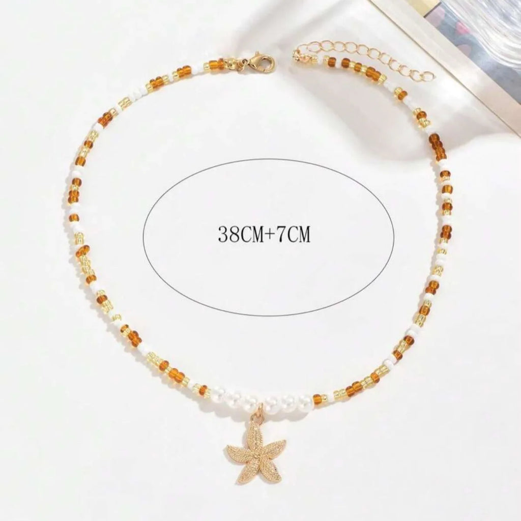Bohemian Rice Beads Starfish Pendant Necklace for Women Handmade Imitation Pearl Colorful Beaded Choker Summer Beach Jewelry