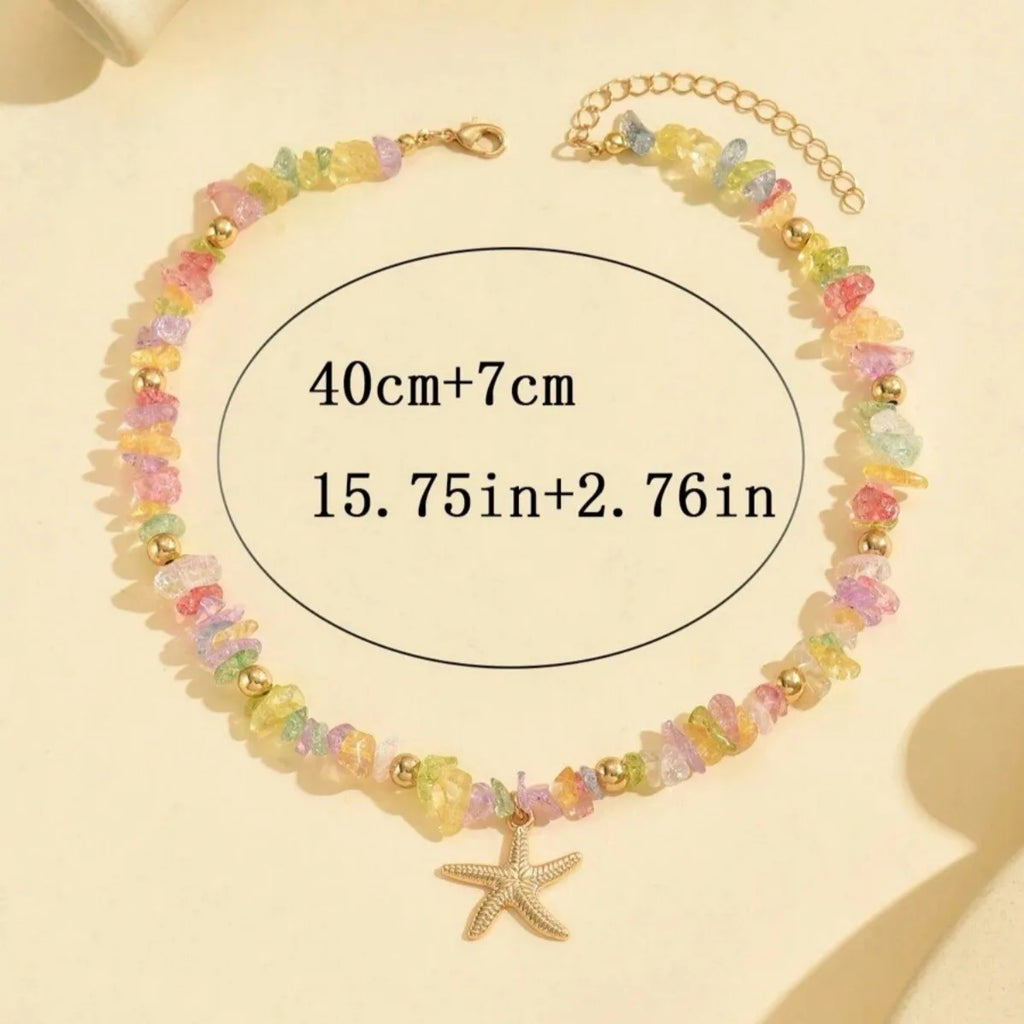 Bohemian Rice Beads Starfish Pendant Necklace for Women Handmade Imitation Pearl Colorful Beaded Choker Summer Beach Jewelry