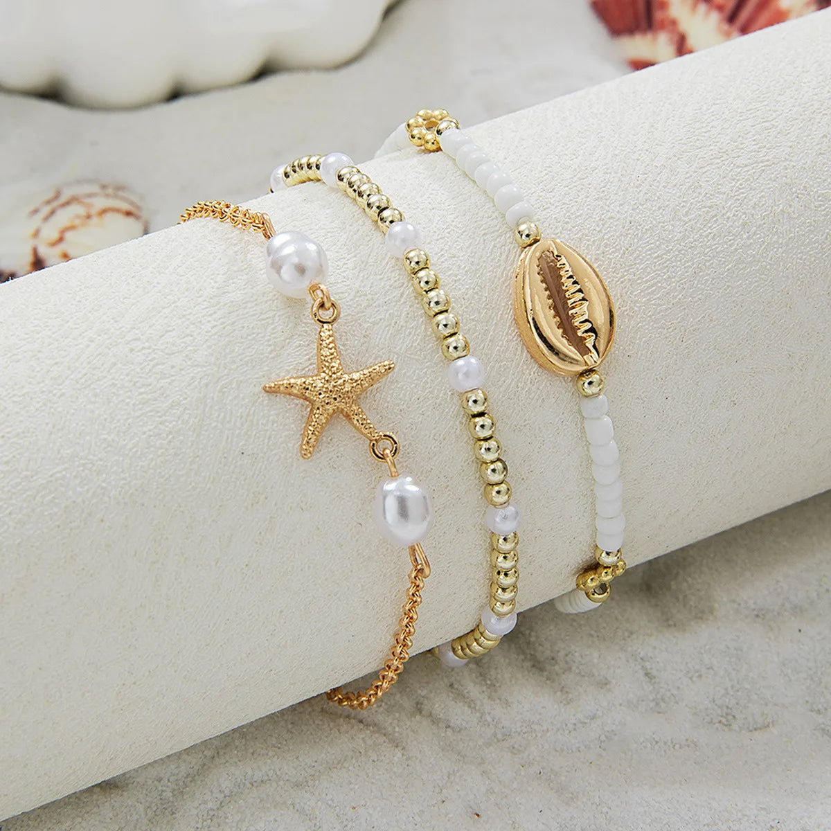 3Pcs Women's Bohemia Shell Bracelet Set Summer Starfish Charm Pearl Seed Beads Beach Jewelry with Lobster-Claw Clasps